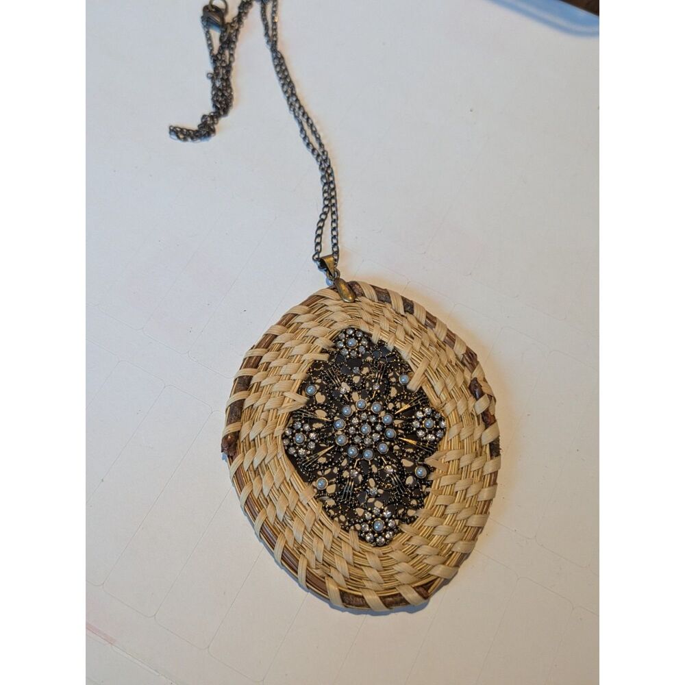 Vintage Style Woven Rattan Statement Necklace Pearl Rhinestone Floral Pendant